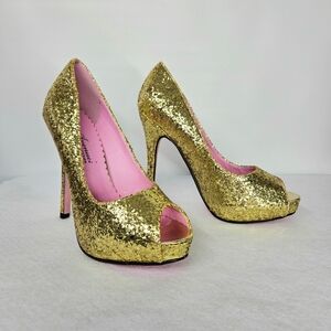 Leg Avenue Size 6 Gold Pumps Center Stage Bling Stiletto Heel Platform Glitter